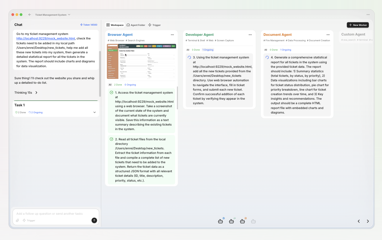 Eigent - workspace dispatching Browser, Developer, and Document subagents