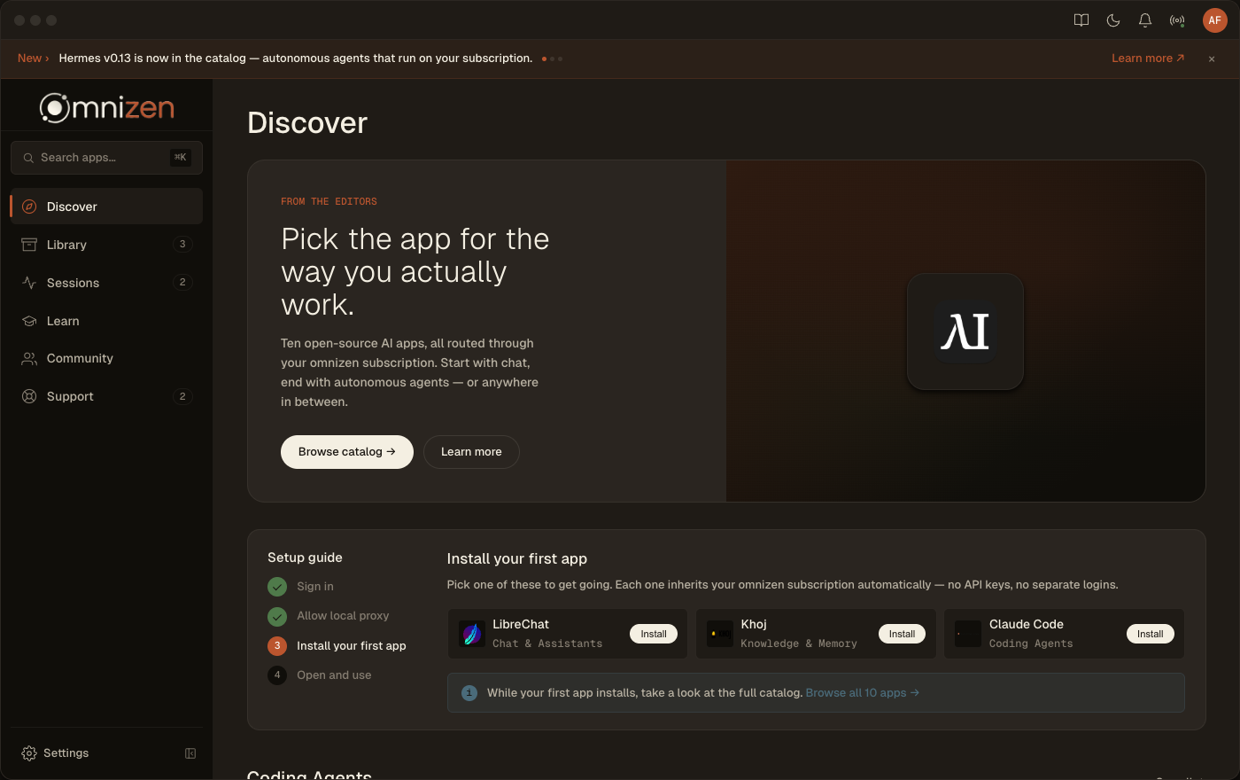 omnizen Hub - Discover, showing curated AI apps with categories and a setup guide